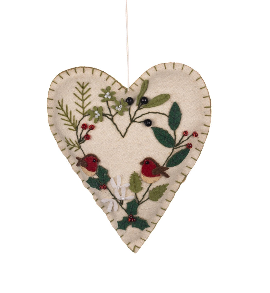 Felt Heart Hanging Christmas decoration. Robins on a heart wreath