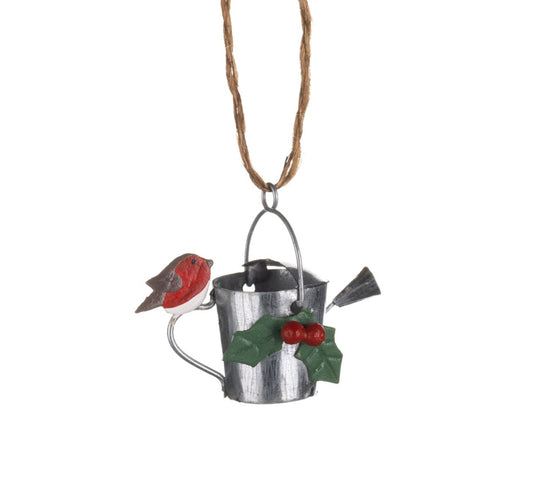 Robin On Holly Decorated Watering Can Hanging decoration