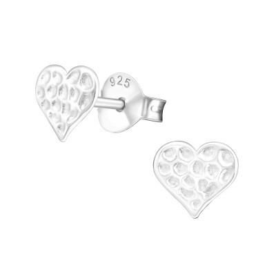 Textured hammered sterling silver heart stud earrings