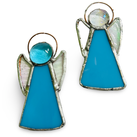 Perc's stained glass guardian angel hanging decoration in blue. Handmade in Norfolk.