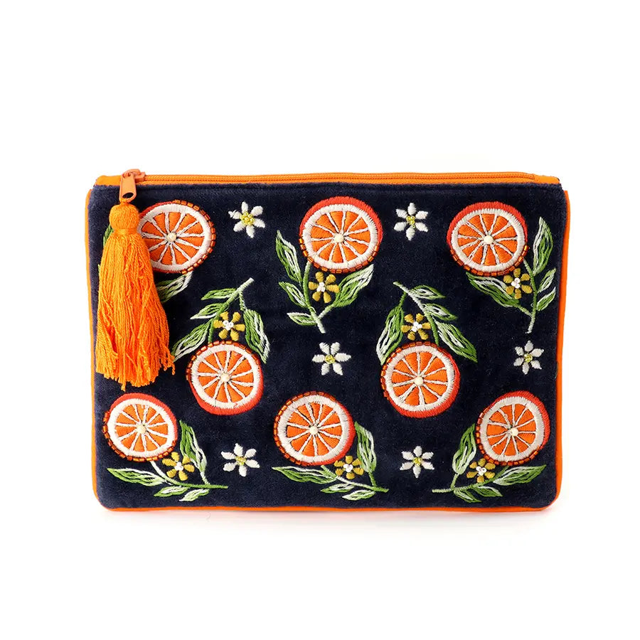 Navy velvet oranges zip purse