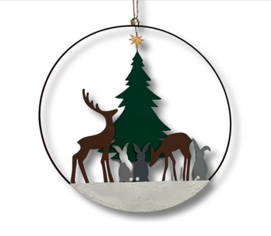 Deer pair with rabbits hanging wreath Christmas decorations by Shoeless Joe