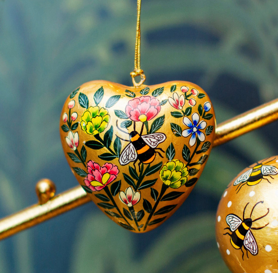 Kashmiri floral heart with Bee . Paper mache hanging decoration