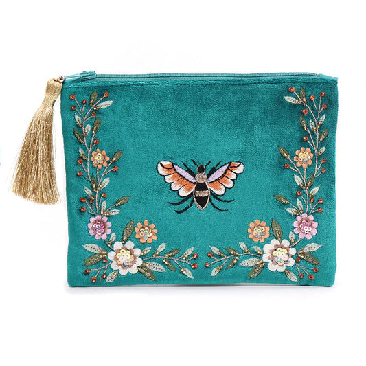 Teal velvet floral bee coin purse