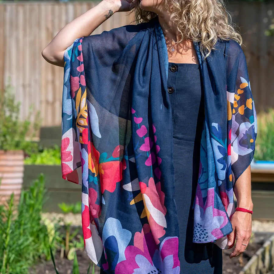 Navy blue recycled scarf with tropical print edge