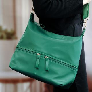 Forest green recycled nylon scoop bag with free rainbow strap by POM