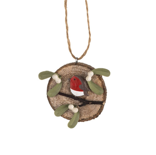 Robin and Mistletoe On Log Round Hanging decoration