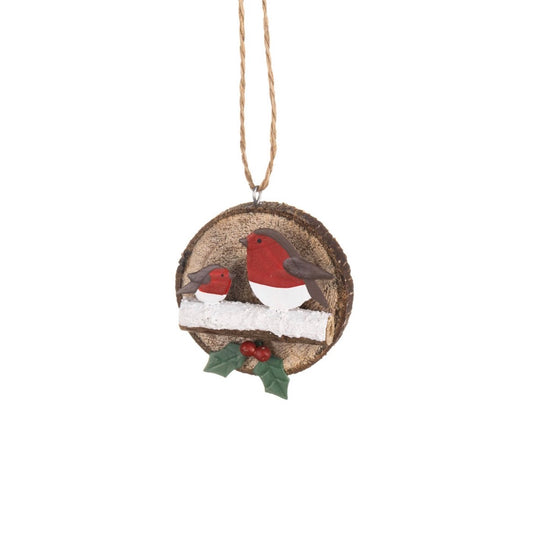Robins Perched On Snowy Log Hanging Christmas decoration