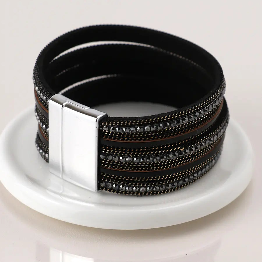Black and bronze multi layer leather crystal cuff