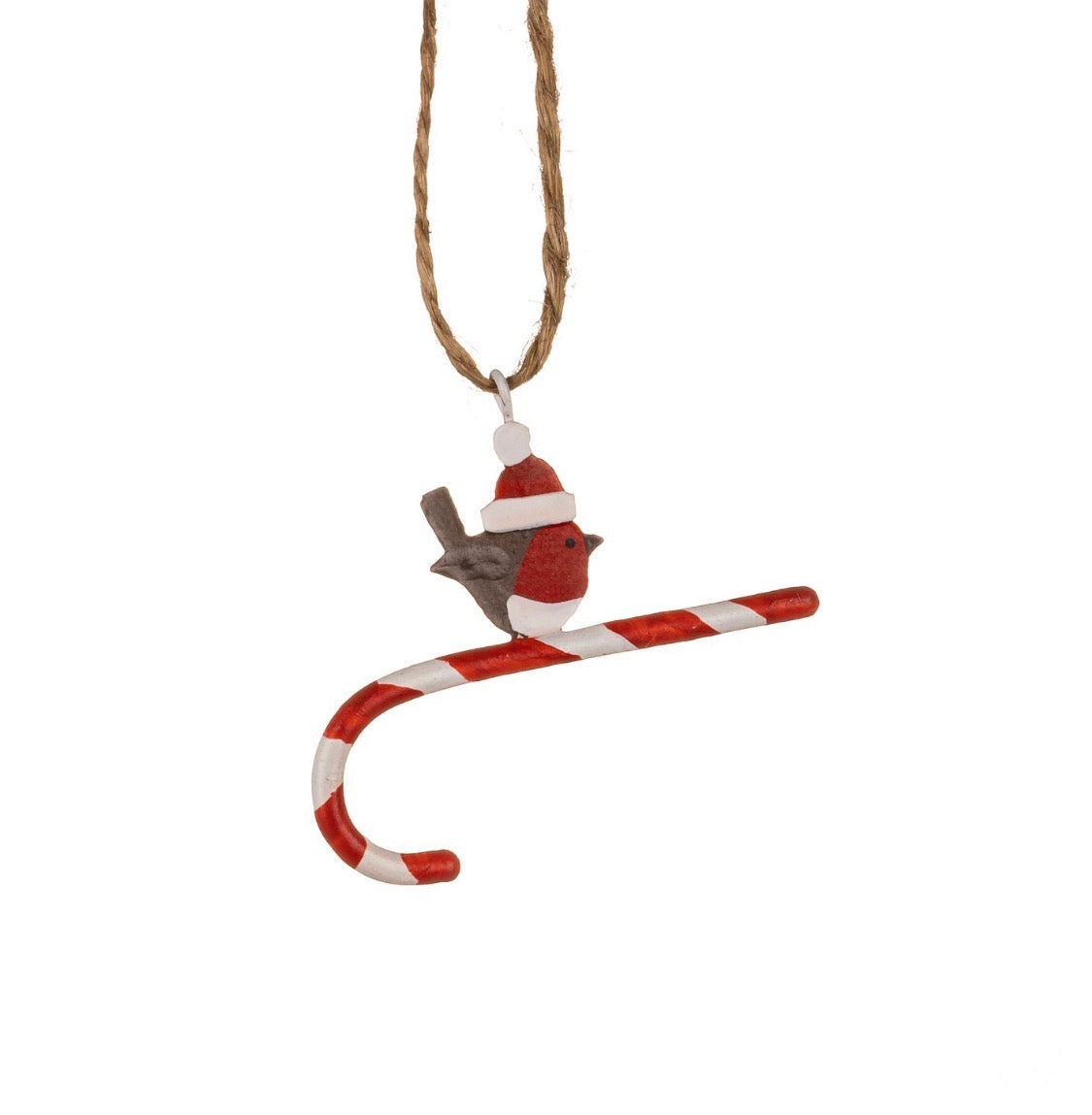 Robin on candy cane Christmas tree decoration.