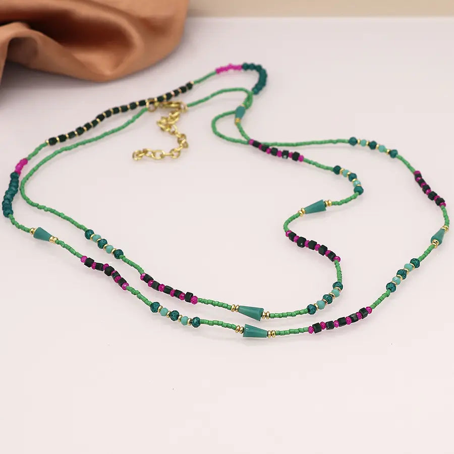 Long boho bead necklace in cerise green and gold