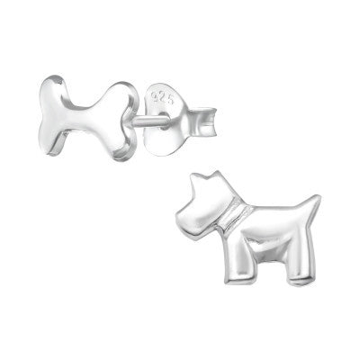 Dog and bone sterling silver stud earrings