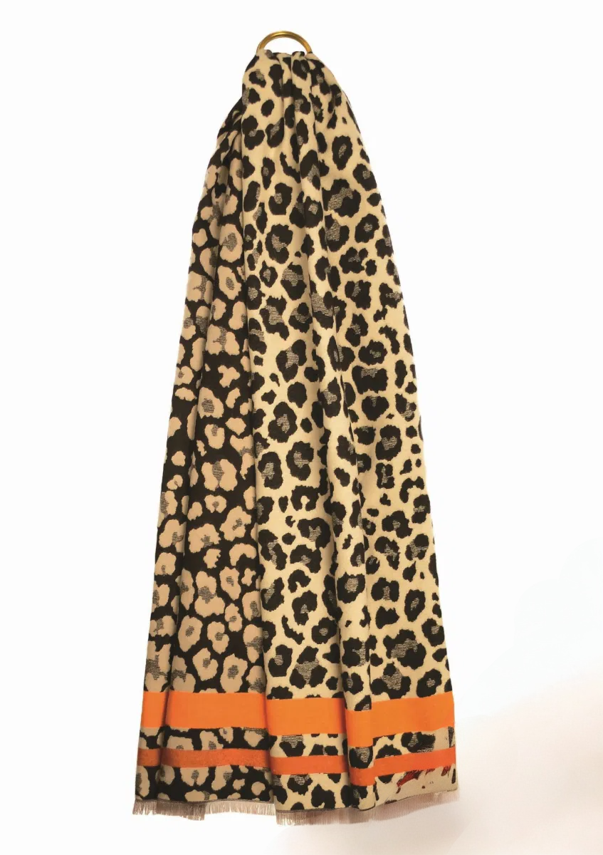 Big Cat animal print Wrap/scarf with green stripe