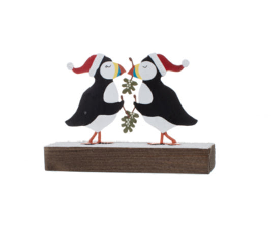 Kissing Puffins under mitletoe standing ornament