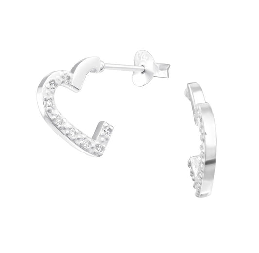 Half hoop heart sterling silver earrings with cubic zirconia