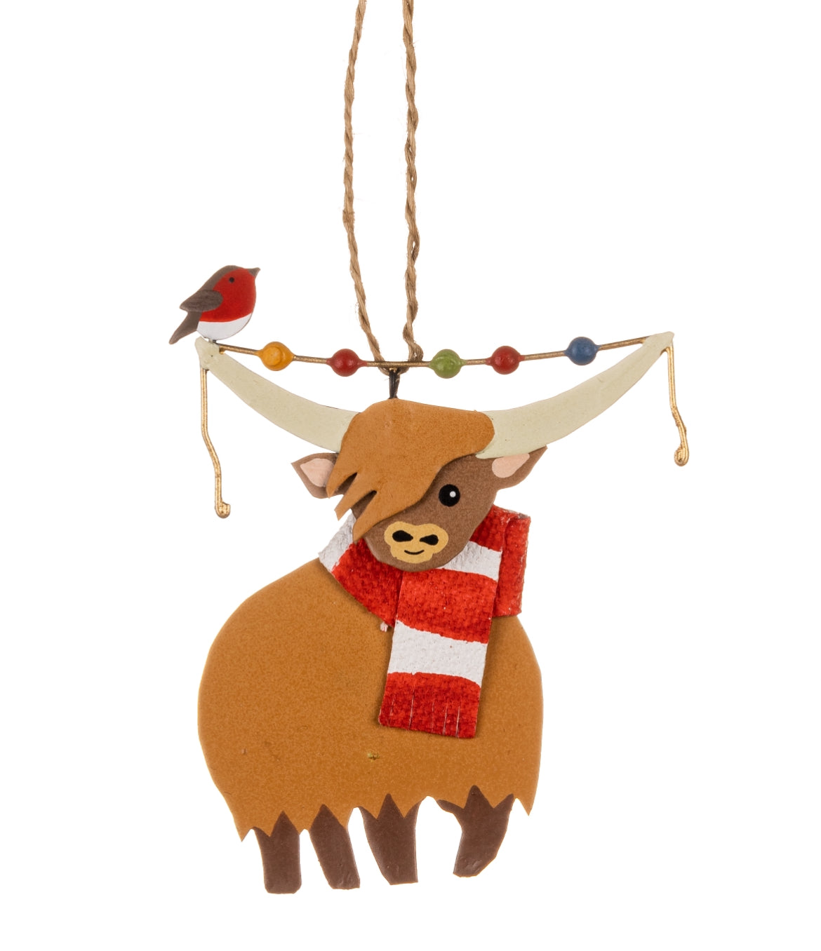 Highland cow with Robin hanging Christmas decoration