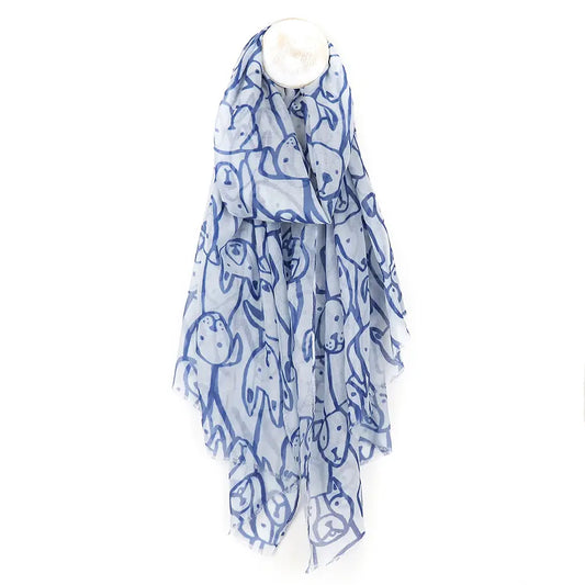 Blue and white dog sketch print scarf