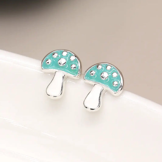 Sterling silver aqua enamel mushroom stud earrings