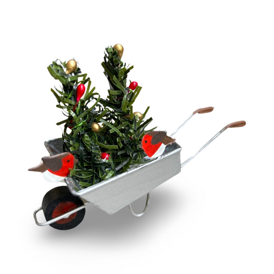 Robins on a wheel barrow standing ornament /Christmas cake topper