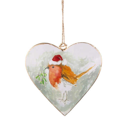 Hanging Heart with Robin Wearing Santa Hat