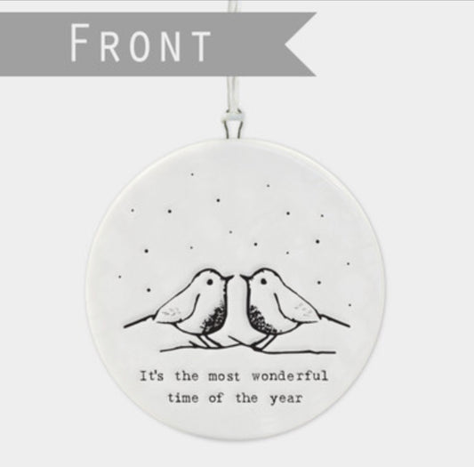 Flat porcelain bauble, Its the most wonderful time of the year. Christmas decoration by east of India