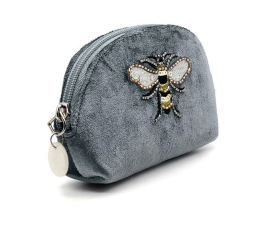 Grey velvet D purse with embellished beeby POM