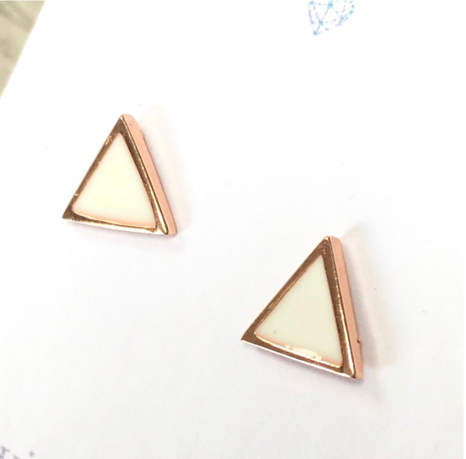 Rose gold and white enamel triangle stud earrings. Geometric design stud earrings.