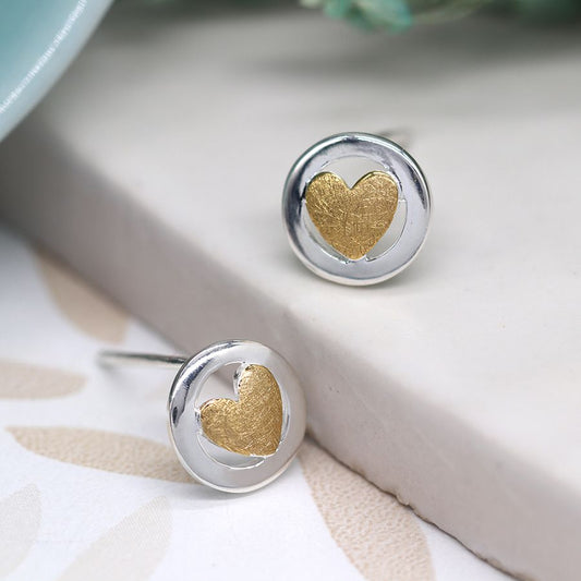 Circle & gold heart sterling silver earrings