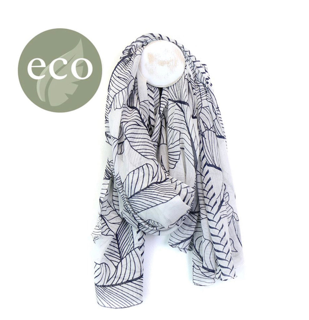 White cotton scarf with navy blue leaf print by POM