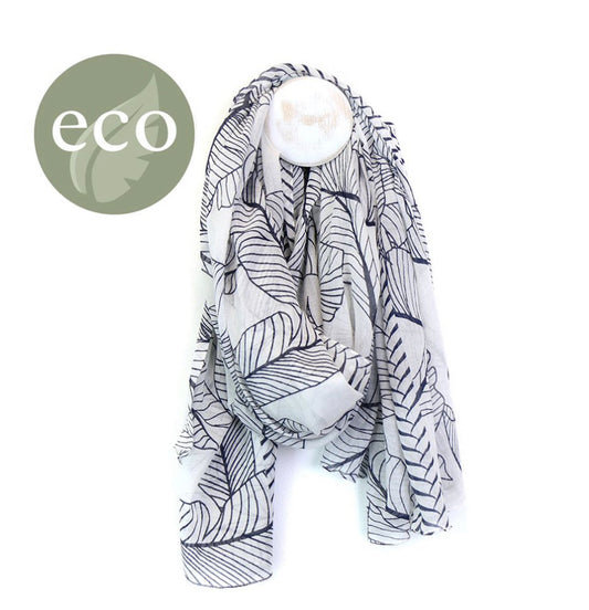 White cotton scarf with navy blue leaf print by POM