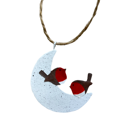 Two robins on the moon Christmas tree decoration