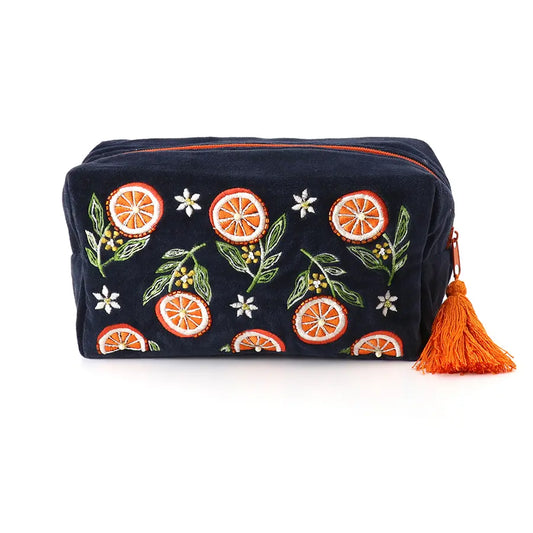 Navy velvet oranges washbag