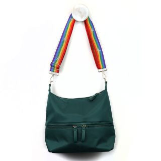 Forest green recycled nylon scoop bag with free rainbow strap by POM