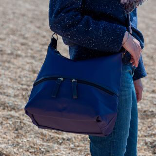 Indigo recycled nylon scoop bag with free striped strap by POM