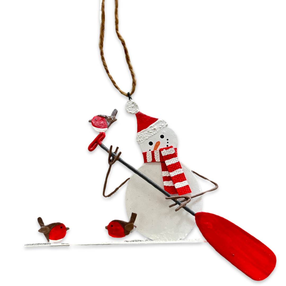 Paddle boarding snowman Christmas tree decoration