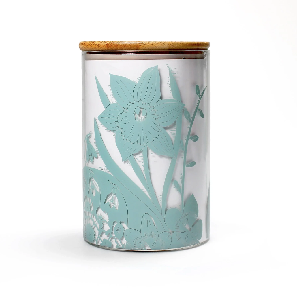Spring blubs daffodil design glass storage jar in powder blue (950ml)