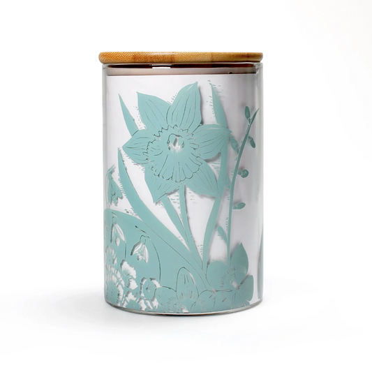 Spring blubs daffodil design glass storage jar in powder blue (950ml)