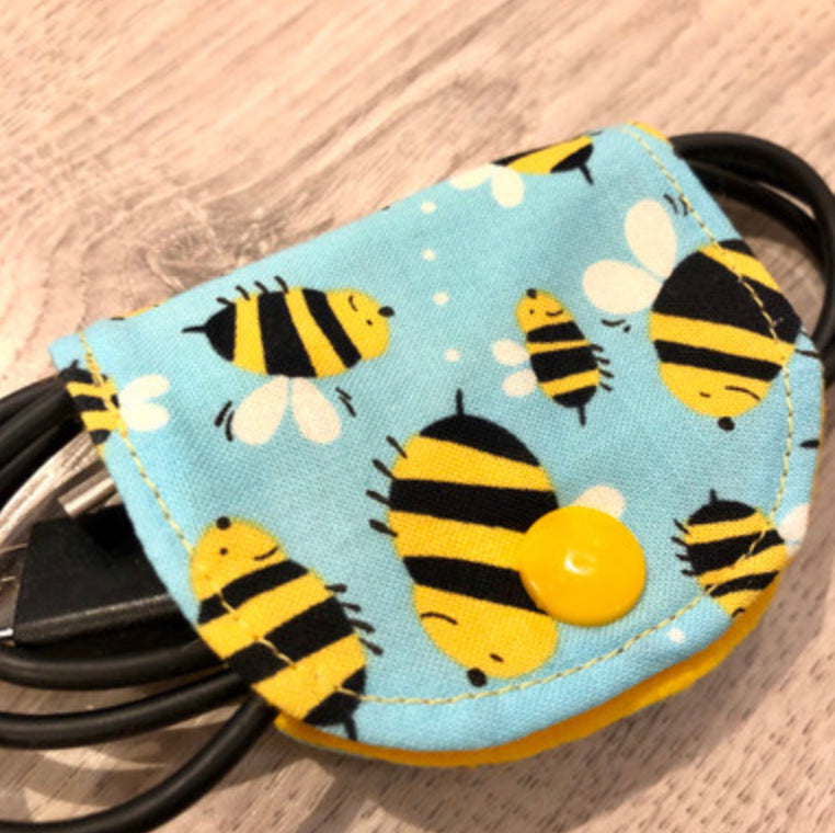 Bee fabric charger cable tidies by Stella’s stitchcraft.