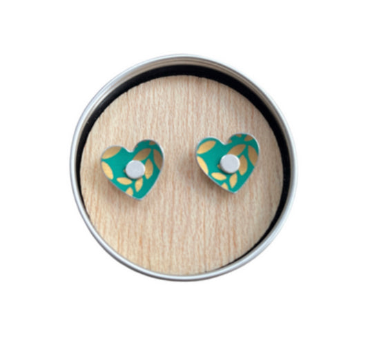 Jade Green And Gold Heart Ear Studs In A Tin by The TinSmiths
