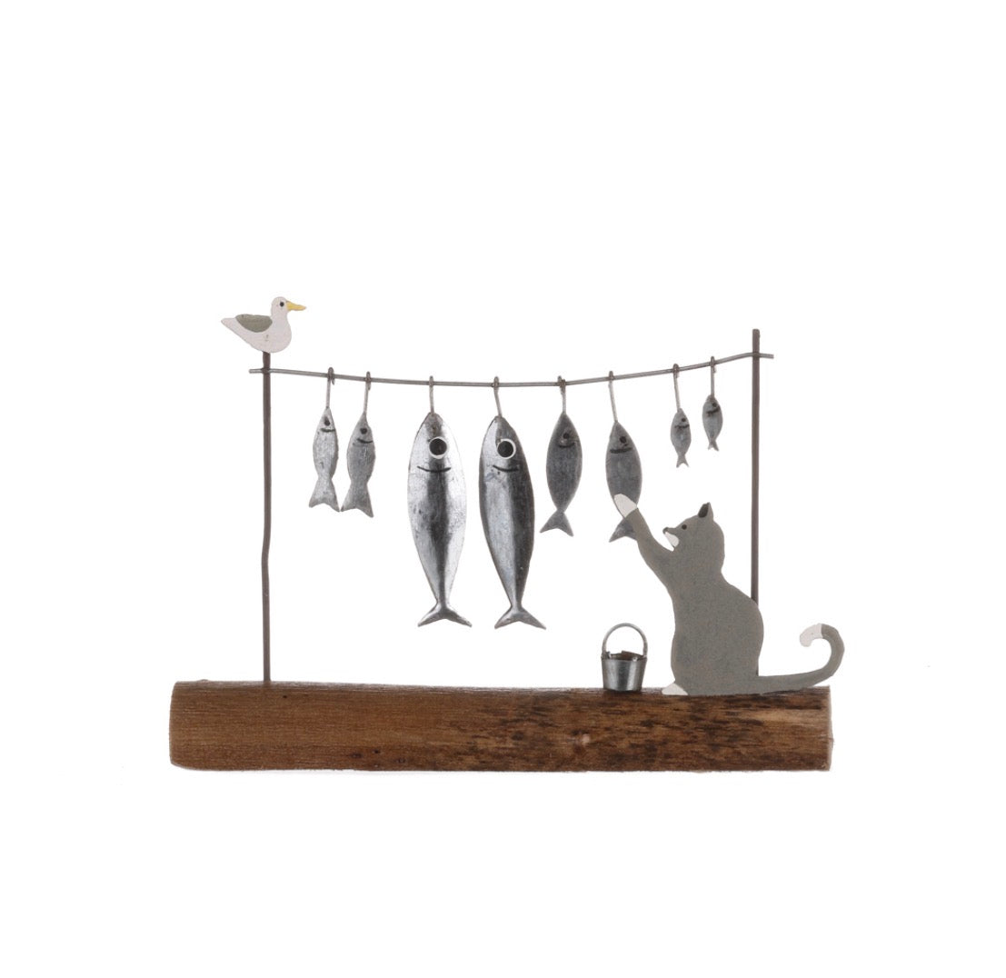 Cat stealing fish catch standing ornament