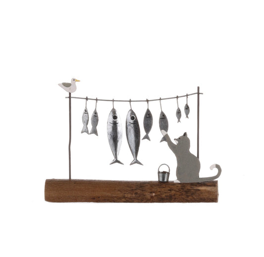 Cat stealing fish catch standing ornament