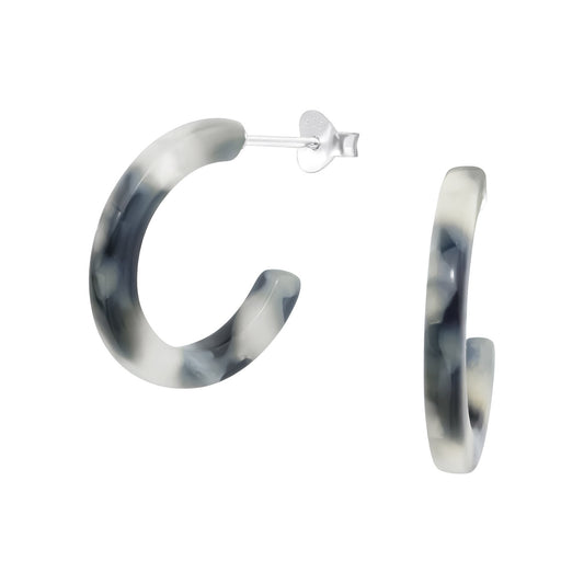 Black and white resin half hoop Sterling Silver earrings.