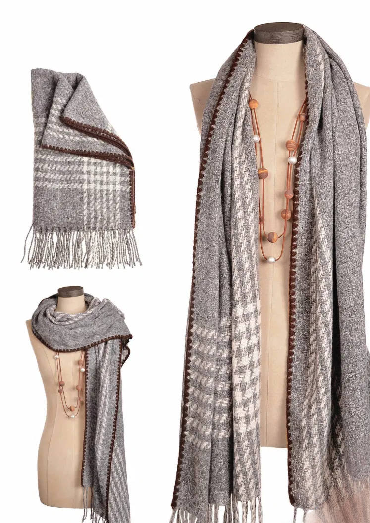 Blanket Stitch Trim Classic scarf in grey white and chocolate