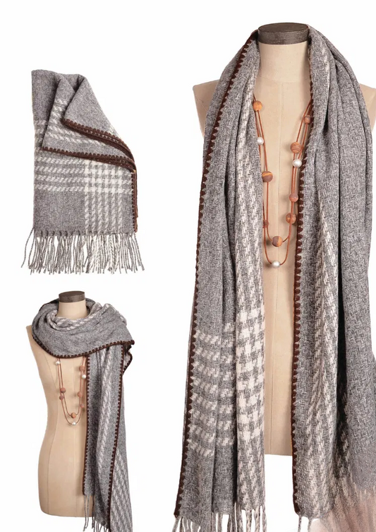 Blanket Stitch Trim Classic scarf in grey white and chocolate