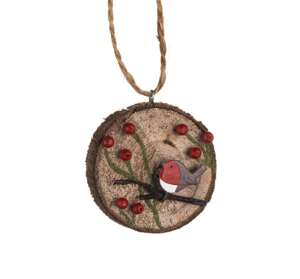 Robin and Berries On Log Round Hanging decoration