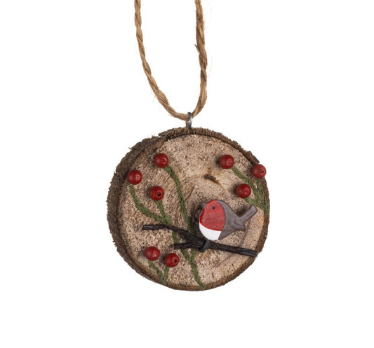 Robin and Berries On Log Round Hanging decoration