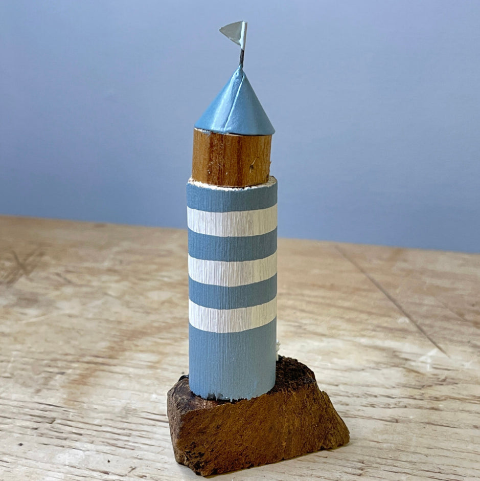 Wooden lighthouse ornament - grey & white or blue stripe.  By Shoeless Joe