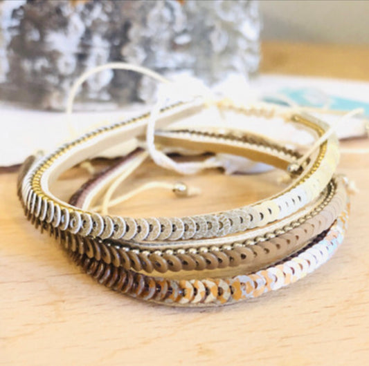 Three Silver  Mix Sequin Bracelets by POM piece of mind.
