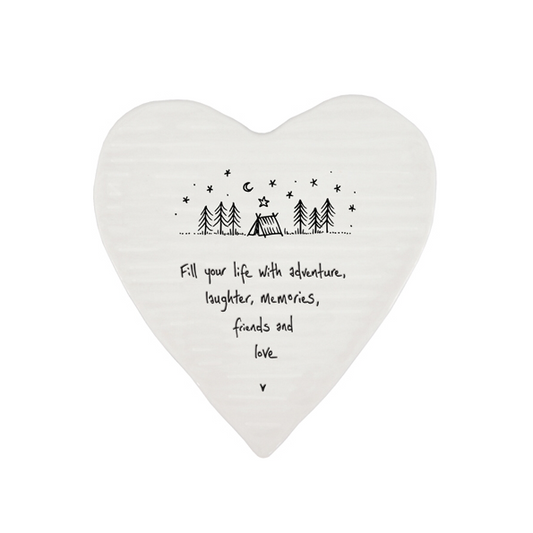 Fill your life with adventure, heart shaped ceramic coaster by East of India