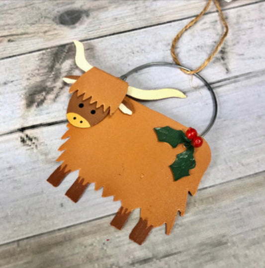 Highland coo festive cow hanging Christmas decoration by Shoeless Joe